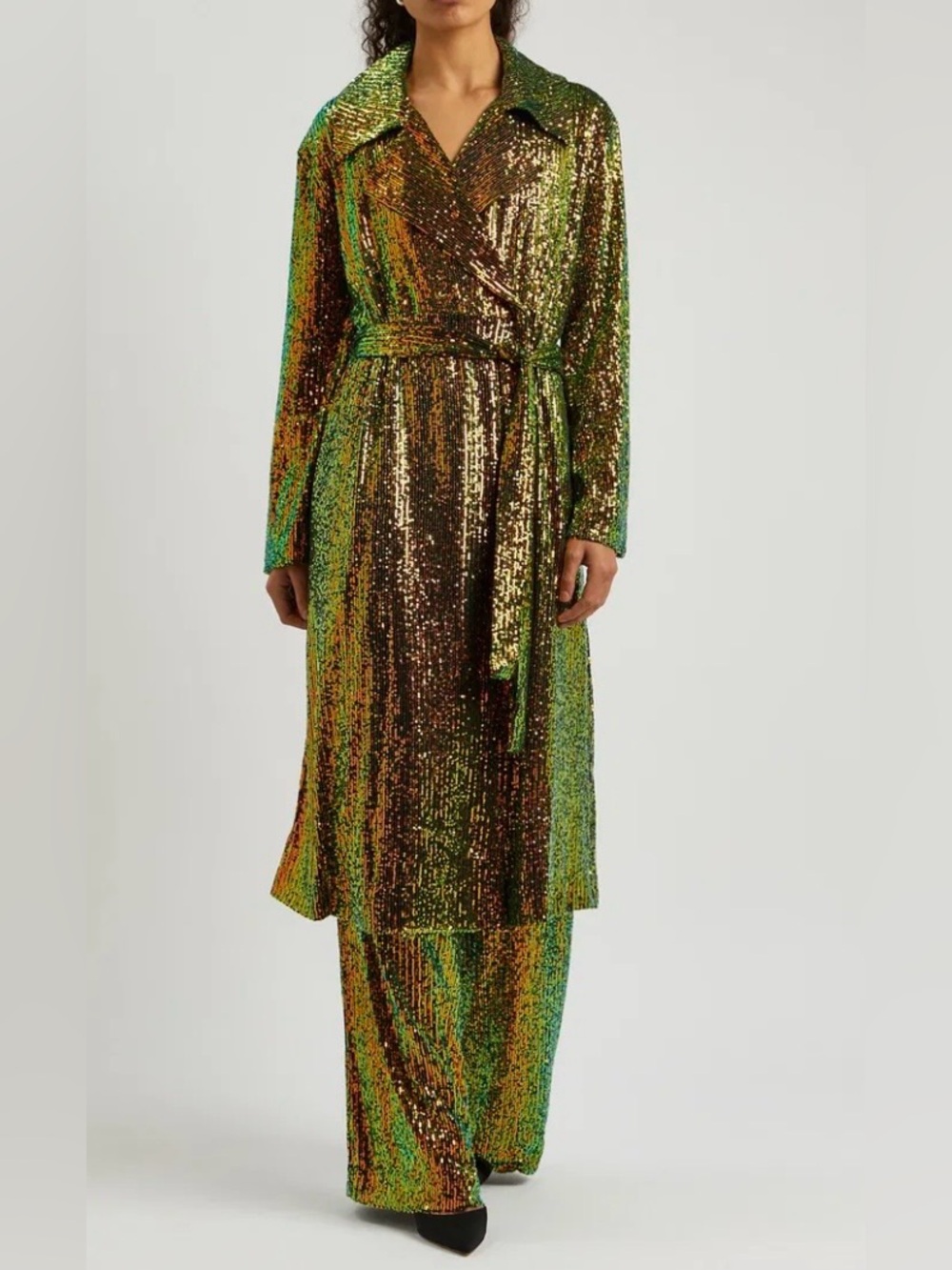 NWT Stine Goya Paulos Sequin Embellished Wrap Trench Coat Olive Green Iridescent